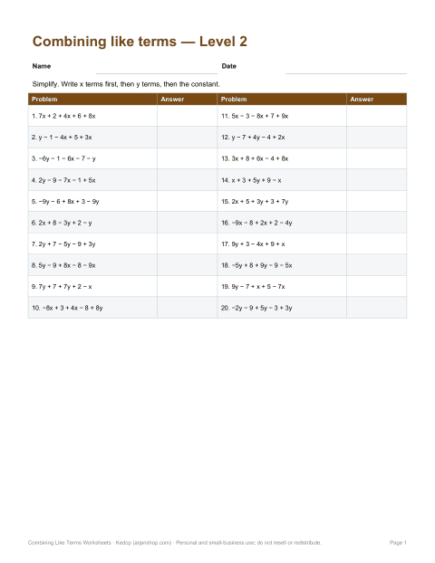 Preview of the first page of Level 2: two variables