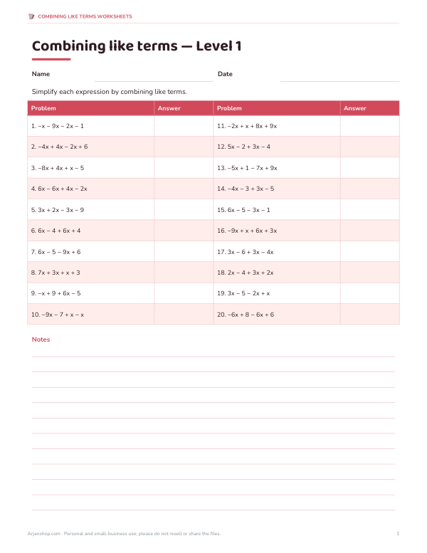 Preview of Level 1 Combining Like Terms Worksheet