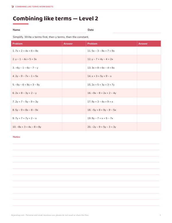 Preview of Combining Like Terms Worksheet Level 2