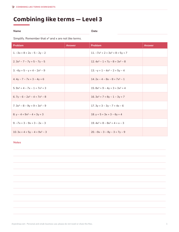 Preview of Printable Level 3 Combining Like Terms