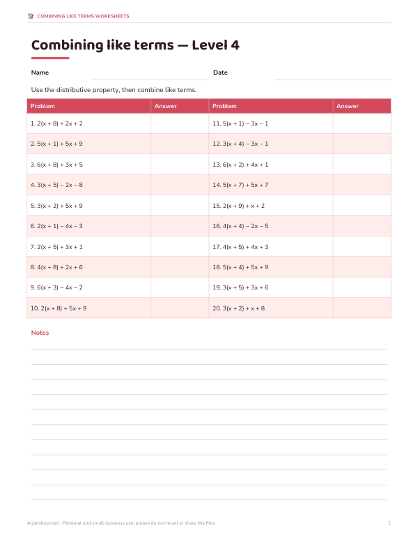 Preview of Combining Like Terms Worksheets Level 4